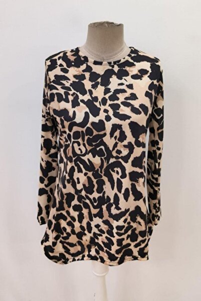 Mossta Leopard Print Asymmetrical Cut Single Jersey Blouse - Leopard
