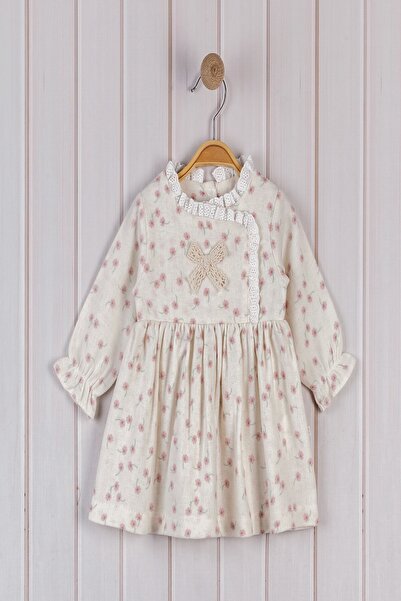 dinamik çocuk Baby Girl Floral Patterned Long Sleeve Seasonal Dress – Lace Bow Detail 3-6-9-12-18-24 Months