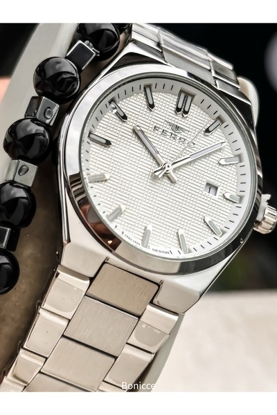 FERRO Men's Wristwatch, Silver White Steel Band, Simple Stylish Model with Calendar, Double Bracelet