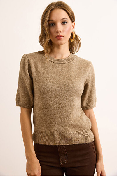 Olalook Pulover de tricotat basic cu textura moale bej-gri pentru femei KZK-19000990