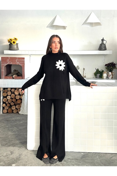 Lusin Women's Stylish Floral Embroidered Black Half Turtleneck Sweater Pants Bottom Top Knitwear Set