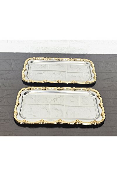 atabey home 2-Piece Presentation Tray & Baton Cake Serving Steel Tray Cast Gold Frame 32 cm