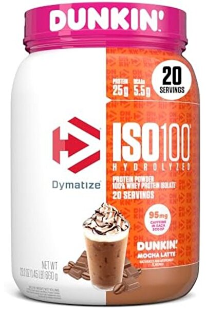 Dymatize x Dunkin' Mocha Latte ISO100 Whey Protein Powder, 95mg Caffeine, 25g of Protein, 20 Serving