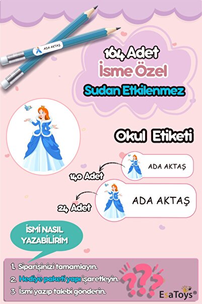 esatoys Ειδική σχολική ετικέτα με θέμα την πριγκίπισσα, με το όνομά σας γραμμένο