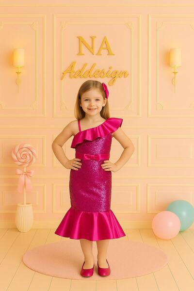 NA ADDESIGN Children's Sequined One-Shoulder Flared Evening Dress – Fuchsia & Lilac, Mermaid Dress