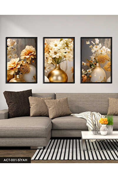 CeSht Vazoda Çiçekler 3 Parça Siyah Ahşap Çerçeveli Tablo