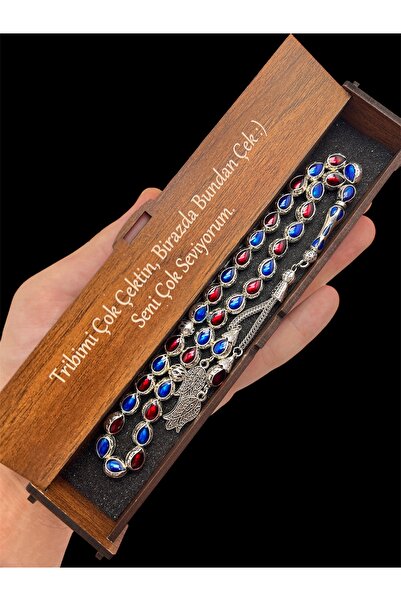 KANUNİ TESBİH Special Design Burgundy Blue Prayer Beads, Enamel Embroidered M...