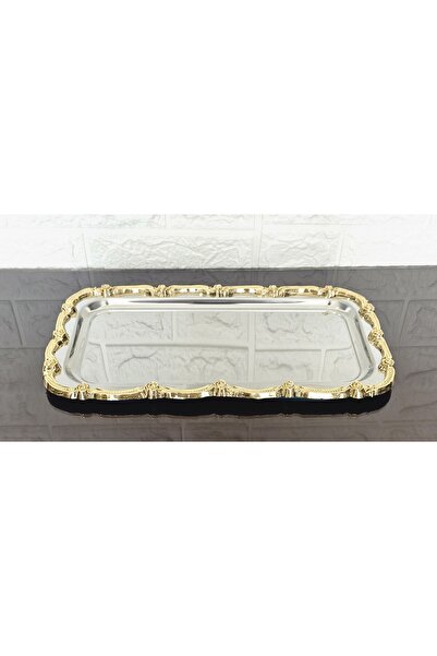atabey home 6-Piece Presentation Tray & Baton Cake Serving Steel Tray Cast Gold Frame 32 cm