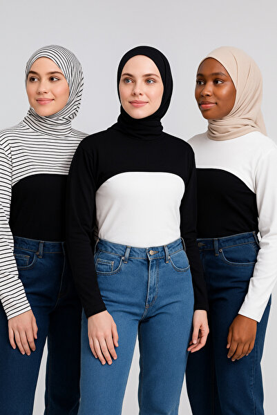 mirach 3’lü Avantaj Paketi Balıkçı Yaka Tesettür Boyunluk Beyaz Üstü Siyah Çi...