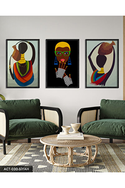 CeSht Etnik Afrikalı Kadınlar 3 Parça Siyah Ahşap Çerçeveli Tablo