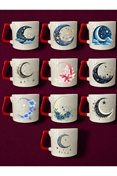 lili hediyelik طقم أكواب قهوة مطبوعة على شكل هلال - 10 قطع - أكواب قهوة بمقبض...