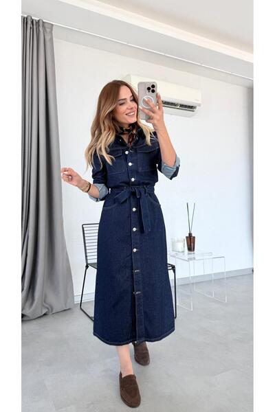 pelin yıldız butik Boydan Düğmeli Cepli Kuşaklı Denim Elbise