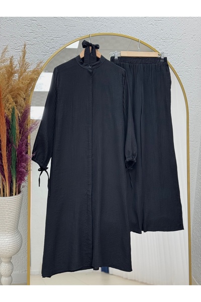 BENAHOLL طقم هالونا مكون من تونيك مع أربطة عند المعصم وسروال طويل - EK592.3 أسود