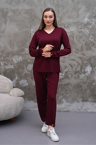 AGORATEKSTİL طقم بلوزة وبنطلون نسائي من القماش الكريستالي بياقة على شكل حرف V