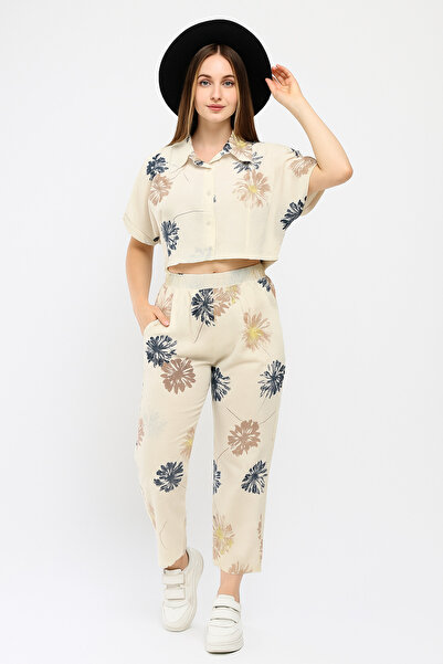 SheLoria Women's Navy Blue Coffee Floral Bottom Top Crop Shirt Pocketed Pants...