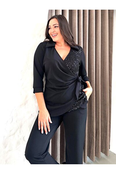 Şirin Butik Γυναικείο Μεγάλο Μέγεθος Μαύρο Βραδινό Φόρεμα με Λεπτομέρεια με Παγιέτες με Πέτο διπλό πέτο Μακρυμάνικο Σετ δύο τεμαχίων