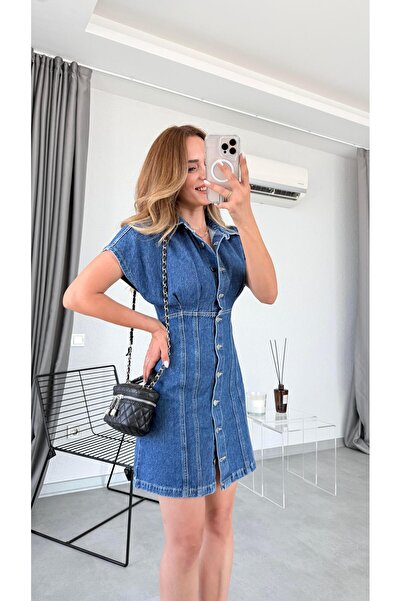 pelin yıldız butik Önden Düğmeli Denim Elbise