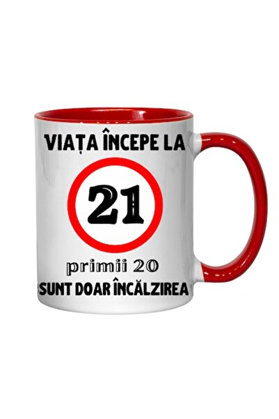 T&M Personalizare Cană personalizată - Viața începe la 21 de ani, roșie, 330 ml