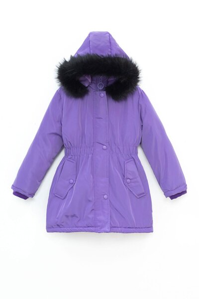 Cansın Mini Lila Çıtçıtlı Cepli Esnek Bel İçi Kürklü Kız Çocuk Kapüşonlu Mont 21310