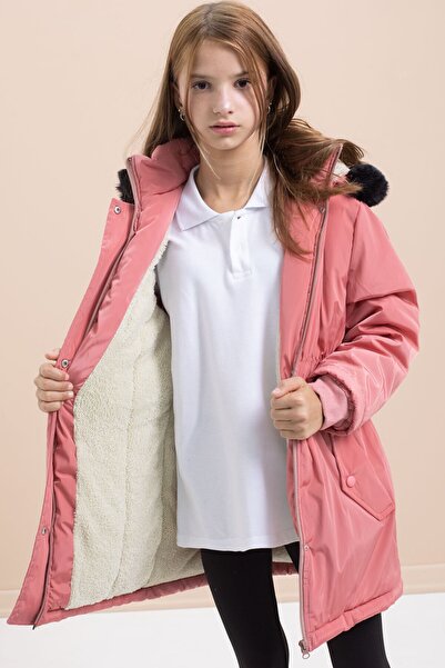 Cansın Mini Gül Kurusu Çıtçıtlı Cepli Esnek Bel İçi Kürklü Kız Çocuk Kapüşonlu Mont 21309