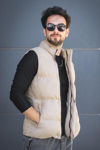 Oksit Taff Pocketed Stand Collar Filling Men's Puffer Suede Nubuck Vest