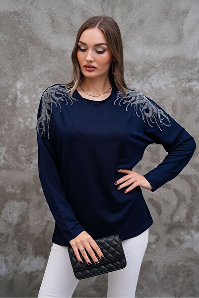 AGORATEKSTİL بلوزة نسائية من قماش الكريستال بياقة دائرية وأكمام طويلة مزينة ب...