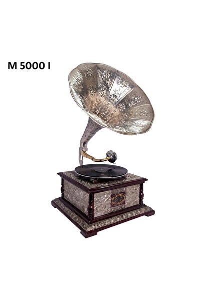 Zen Gramofon autentic din lemn decorat & pâlnie metalică gravată, 68 cm, retro antic