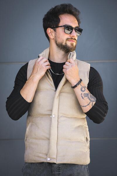 Oksit Taff Pocketed Stand Collar Filling Men's Puffer Suede Nubuck Vest