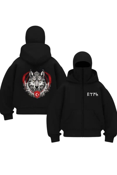 1blood Black Wolf & Crescent Star Printed Balaclava Unisex Sweatshirt Cardigan