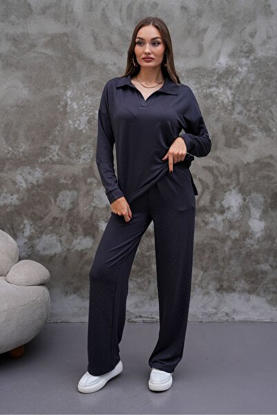 AGORATEKSTİL طقم نسائي من قماش الكريستال مع ياقة وجزء سفلي مرصع بالأحجار يتكو...