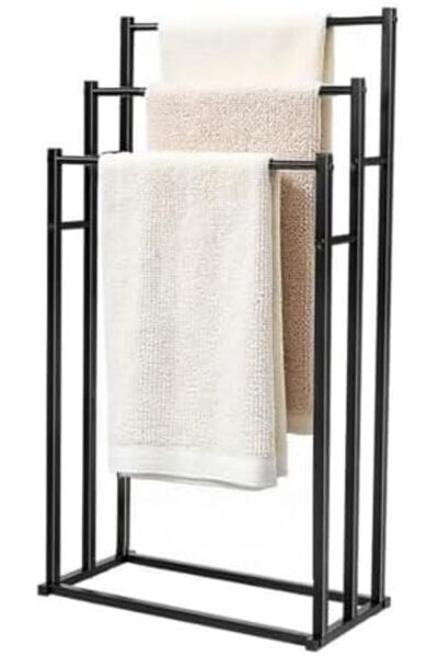 SKY TOUCH رف مناشف معدني من SKY-TOUCH بثلاث طبقات: حامل مناشف أرضي مستقل، لتخزين مناشف الغسيل وتجفيفها