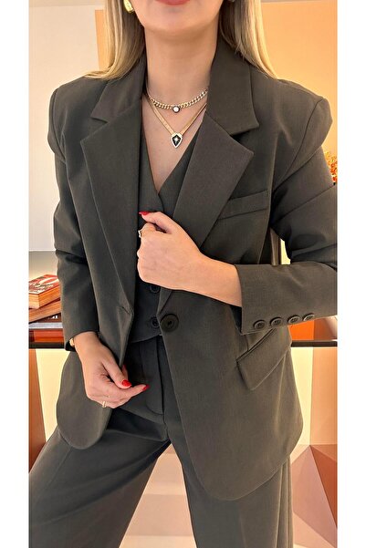 Sezgi Tekin Premium Seri Tek Düğme Detay Maskülen Haki Blazer