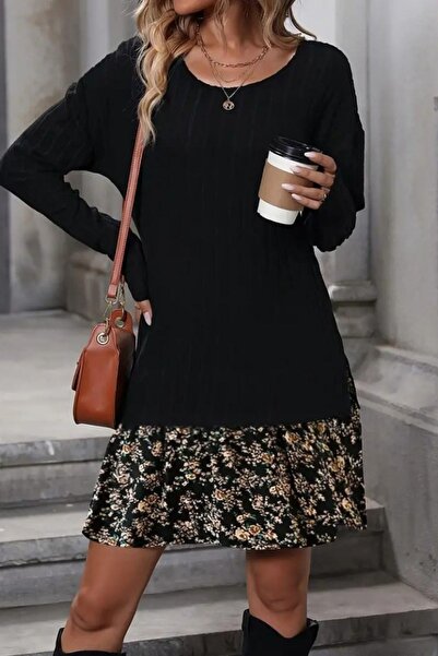 Mossta Crew Neck Ribbed Camisole Blouse and Skirt - Patterned