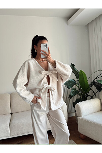 Zoom Butik Fiyonklu Kırçıllı Ceket - BEJ