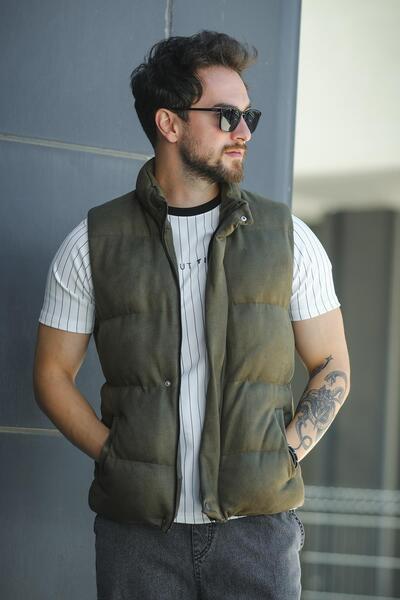 Oksit Taff Pocketed Stand Collar Filling Men's Puffer Suede Nubuck Vest