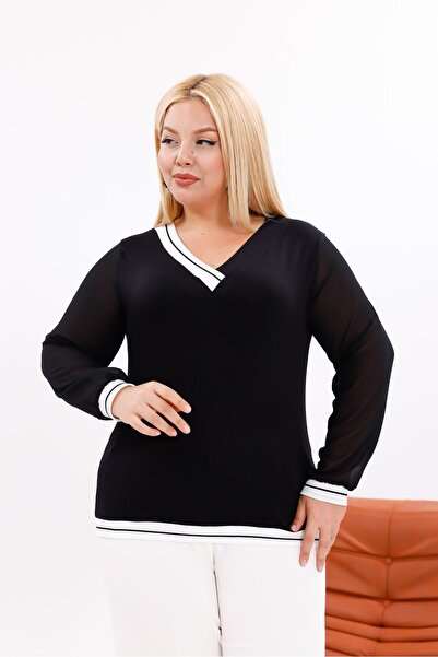 Siyezen Plus Size Stripe Detailed Sleeves Tulle Blouse