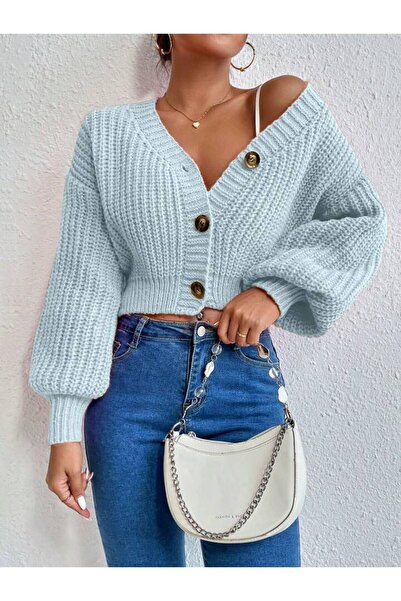 pepule Детско синьо плетено дамско жиле с копчета и ребристи ръкави