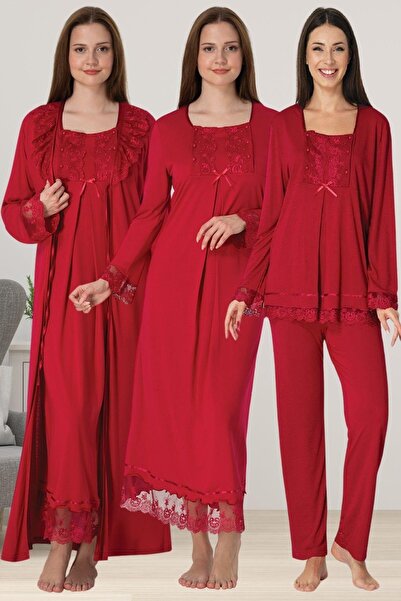 Lohussa Women's Fuchsia Lace Long Sleeve Special Design Cotton Maternity Pajama Set Nightgown Set