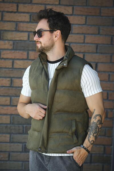 Oksit Taff Pocketed Stand Collar Filling Men's Puffer Suede Nubuck Vest