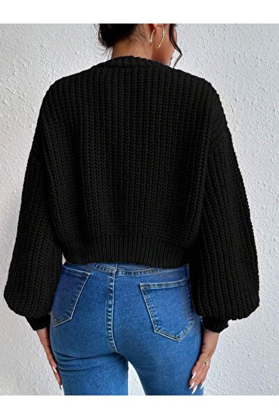 pepule Black Knitted Button Detailed Ribbed Sleeve Women's Vest