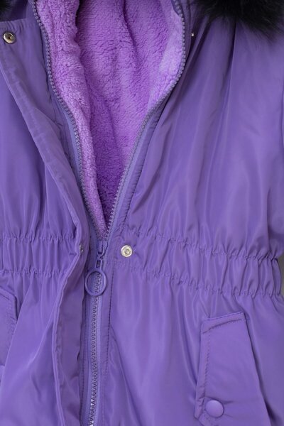Cansın Mini Lila Çıtçıtlı Cepli Esnek Bel İçi Kürklü Kız Çocuk Kapüşonlu Mont 21310