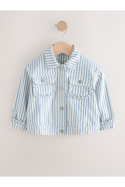 Next Baby Cotton White Blue Striped Ruffled Jacket