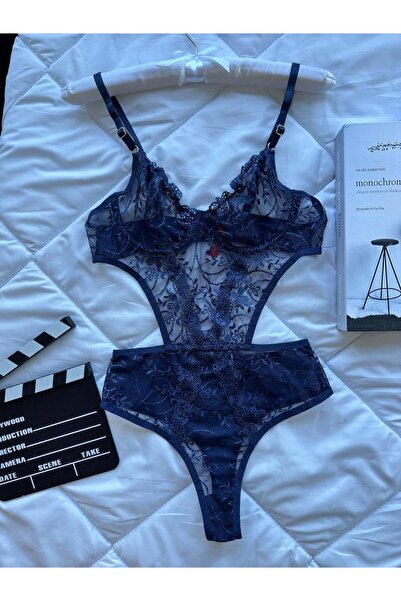 vellora İç Çamaşır Takımı Glam Lacivert Dantel Transparan Balenli Ayarlanabil...