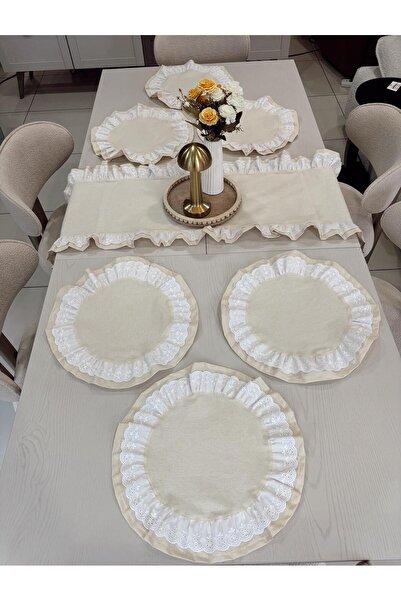 NURGİTA HOME Ham Keten 7 Parça Fisto Fırfırlı Set 6 Adet Amerikan Servisi Supla + 1 Adet Fırfırlı Runner