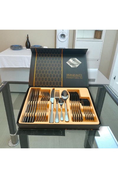 OEM 24-piece black cutlery set with glossy finish