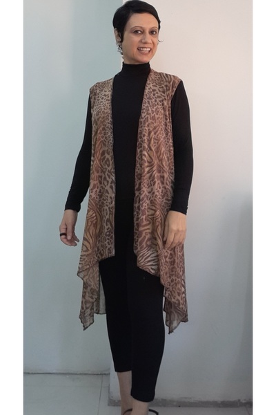 Mertcan Butik Brown Latte Asymmetrical Cut Leopard Print Loose Gauze Vest with Brown Tones