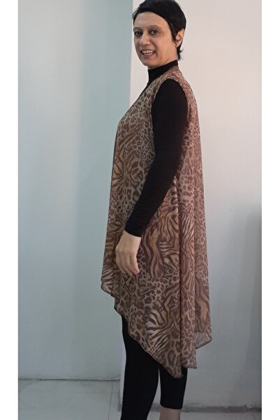 Mertcan Butik Brown Latte Asymmetrical Cut Leopard Print Loose Gauze Vest with Brown Tones