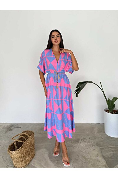 Filiya Moda KRUVAZE YAKA VİSKON KUMAŞ ETNİK DESENLİ ELBİSE OVERSIZE YIRTMAÇ DETAY