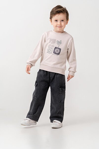 Magu Boys' Cotton Beige Printed Sweatshirt and Black Cargo Pants Set - Casual Comfortable Combination