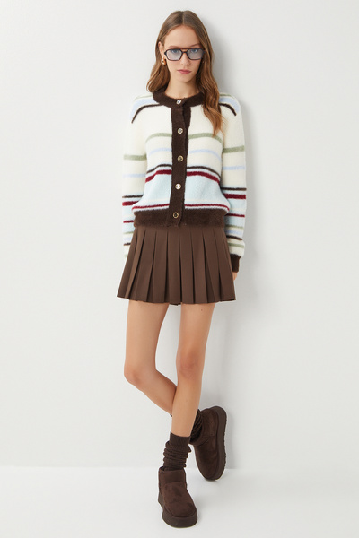 Lovelyİstanbul Çok Yumuşak Dokulu Çizgili Triko Hırka LPF0104 KEMİK KAHVERENGİ